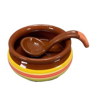 VTG Sur La Table Striped Soup Salsa Bowl with Spoon Terracotta Yellow Portugal